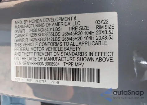 2022 Honda Passport Awd Elite from USA, damaged, VIN 5FNYF8H00NB008984